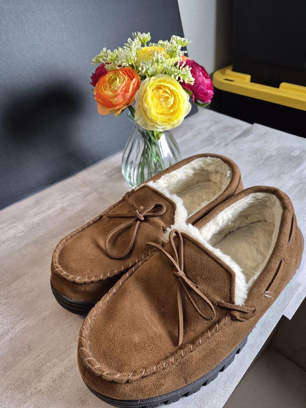 Men's Brown Faux-Suede Moccasin Slippers with Shearling Lining. Size 11